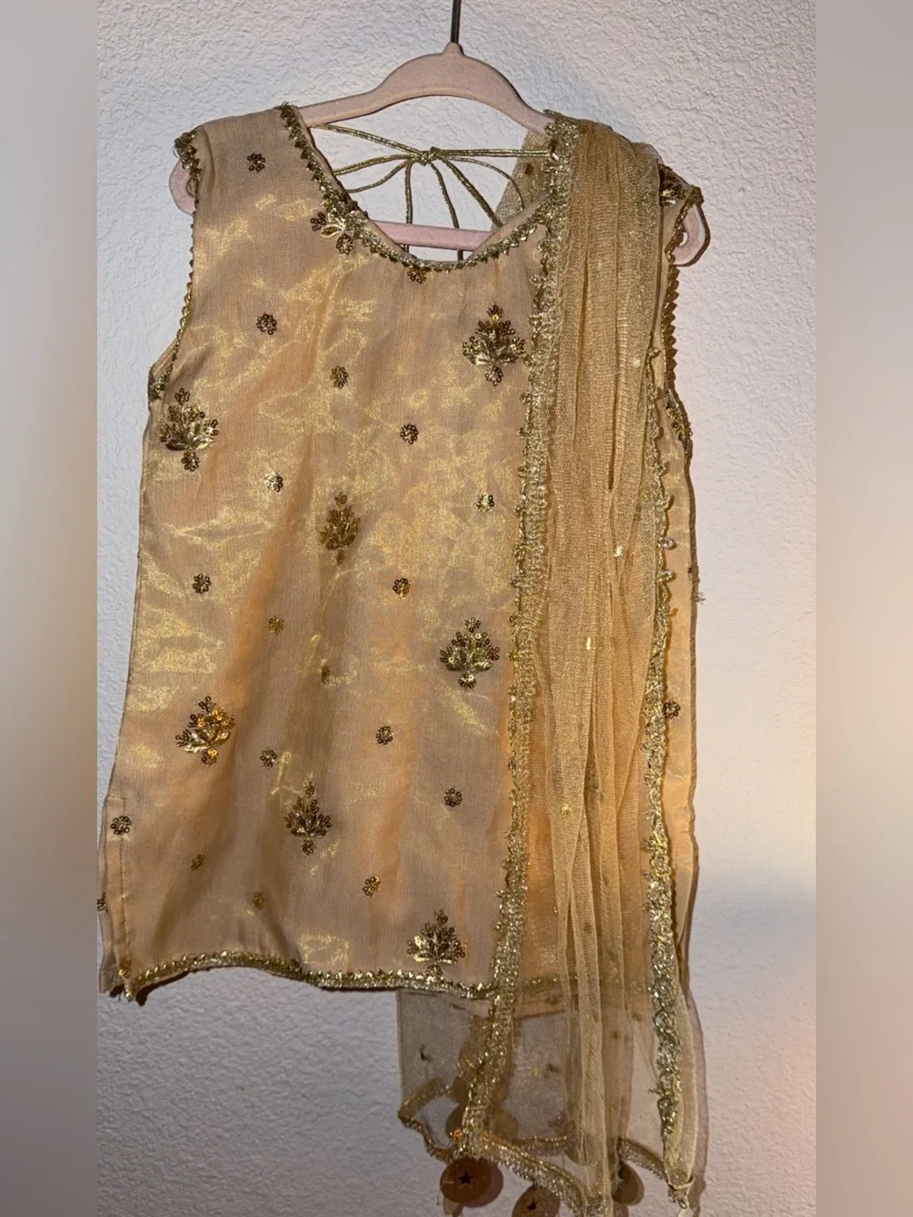 Gold Embellished Sleeveless Ethnic Top with Matching Dupatta and sharara 3-pcs